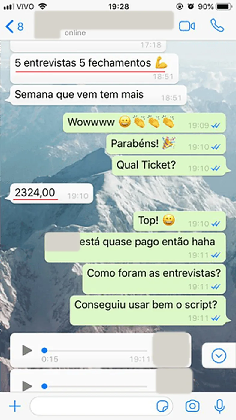 Print de conversa: 5 entrevistas, 5 fechamentos