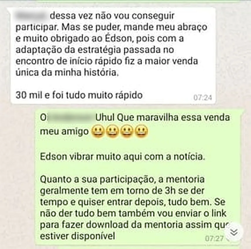 Print de conversa mostrando retorno positivo de cliente após aplicar um script