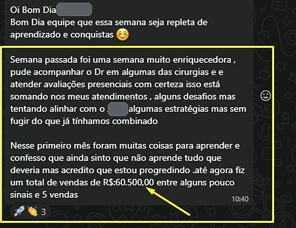 Print de conversa: R$ 60.500 em vendas no primeiro mês