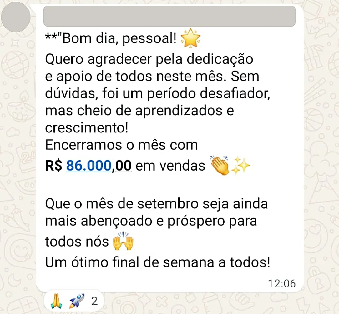 Print de conversa: Encerramos o mês com R$ 86.000 em vendas