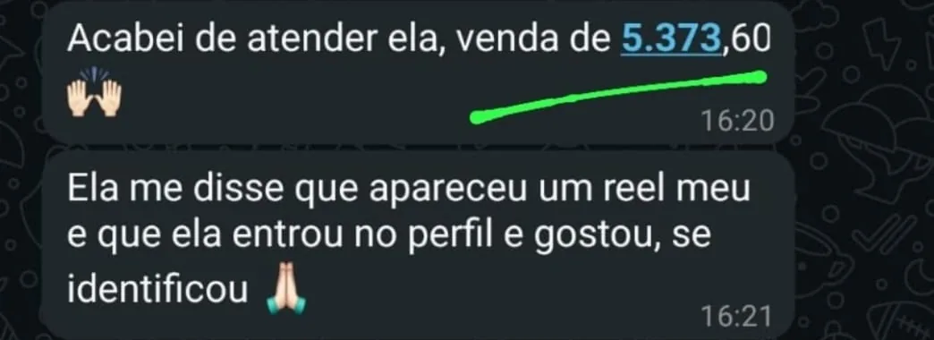 Print de conversa: Venda de R$ 5.373,60 que chegou por um vídeo
