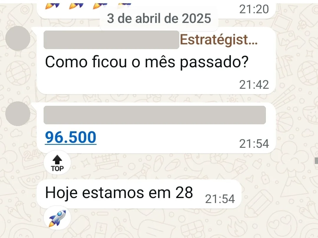 Print de conversa: Fechou o mês em 96.500