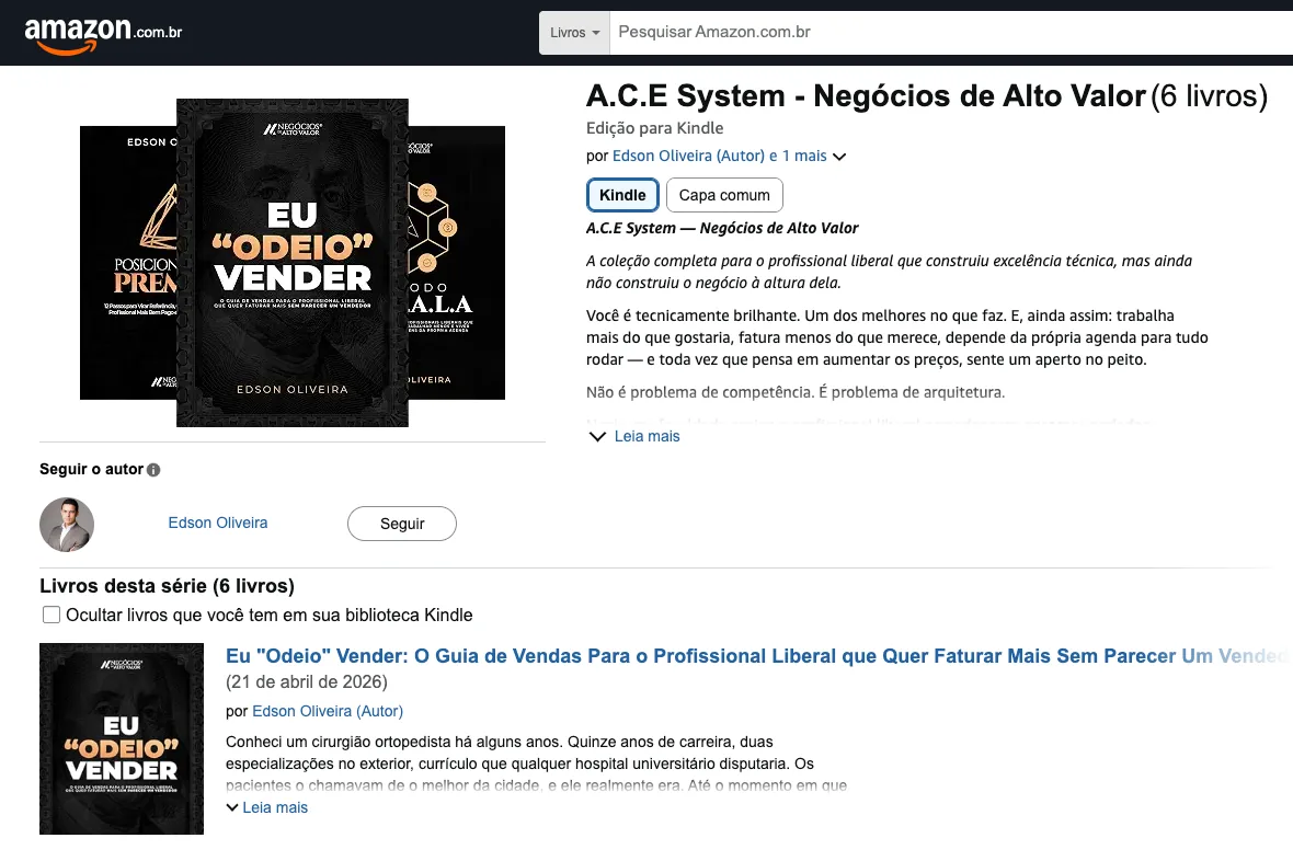 Página da série A.C.E System, Negócios de Alto Valor, com seis livros de Edson Oliveira na Amazon